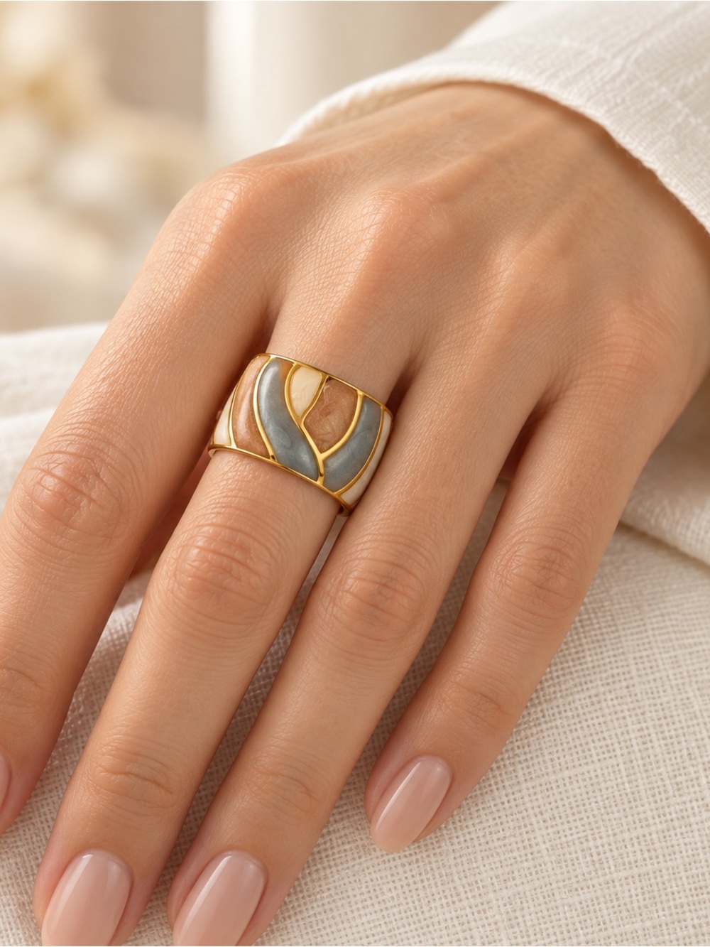 18K Gold and Gray Inlay Wide Band Ring - Bohemian